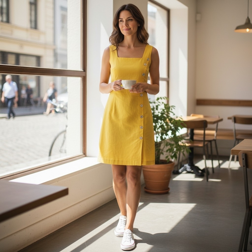Spiegel Bright Yellow Button Dress Linen Rayon Sleeveless Size 4